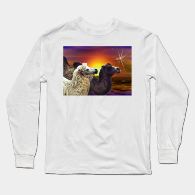 Bactrian Camels in the desert art gift. Long Sleeve T-Shirt by BarbaraGlebska